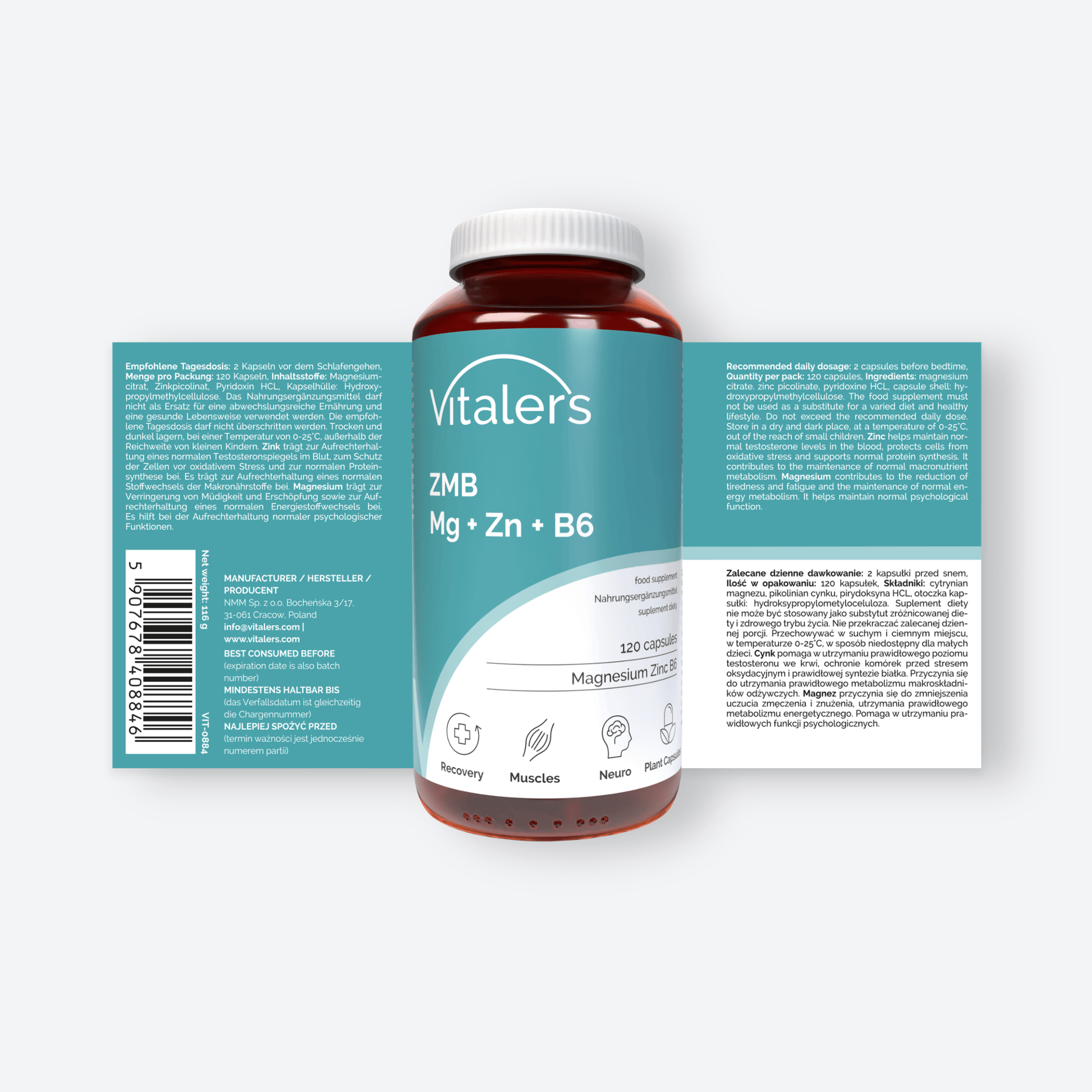 Vitaler's Witaminy ZMB Magnez Cynk Witamina B6 Regeneracja Zmęczenie Vege Vitaler's 120 kaps